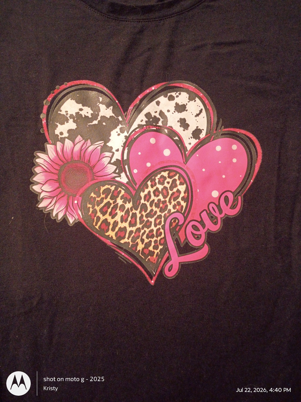 Amazon Essentials Black Short Sleeve Tee with Pink Leopard Heart Graphic